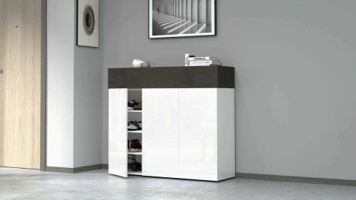 Scarpiera Nick, Porta scarpe salvaspazio a 4 ante, Armadio multifunzione da ingresso, 114x38h100 cm, Bianco e Ardesia