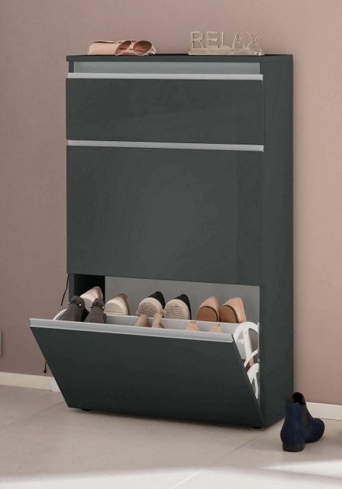 Scarpiera Paco, Mobile multiuso a 2 ante e 1 anta a ribalta-, Portascarpe da ingresso, 100% Made in Italy, cm 60x27h108, Antracite lucido