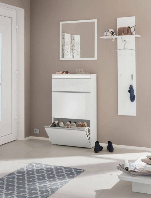 Scarpiera Paco, Mobile multiuso a 2 ante e 1 anta a ribalta-, Portascarpe da ingresso, 100% Made in Italy, cm 60x27h108, Bianco lucido