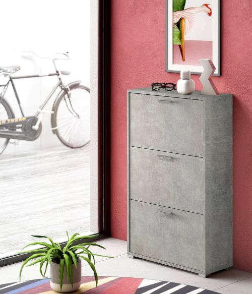 Scarpiera Peonia, Mobile multiuso da ingresso con 3 ante a ribalta-, Armadietto portascarpe a doppia profondità, 100% Made in Italy, 67x28h112 cm, Cemento