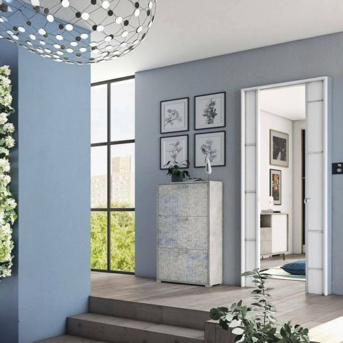 Scarpiera Peonia, Mobile multiuso da ingresso con 3 ante a ribalta-, Armadietto portascarpe a doppia profondità, 100% Made in Italy, 67x28h112 cm, Cemento e Azzurro