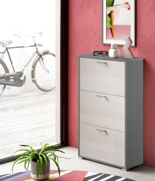 Scarpiera Peonia, Mobile multiuso da ingresso con 3 ante a ribalta-, Armadietto portascarpe a doppia profondità, 100% Made in Italy, 67x28h112 cm, Larice