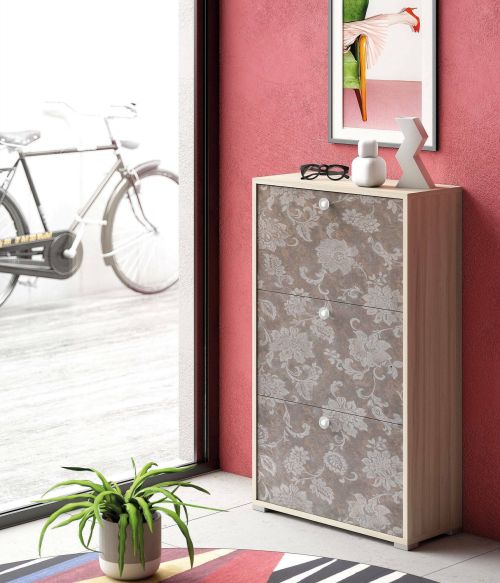 Scarpiera Peonia, Mobile multiuso da ingresso con 3 ante a ribalta-, Armadietto portascarpe a doppia profondità, 100% Made in Italy, 67x28h112 cm, Olmo e fantasia