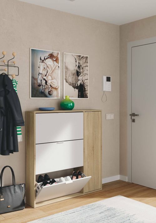 Scarpiera Provo, Armadio portascarpe a 4 ante, Mobile basso multiuso con 5 ripiani, Scarpiera moderna, 106x22h115 cm, Rovere e Bianco
