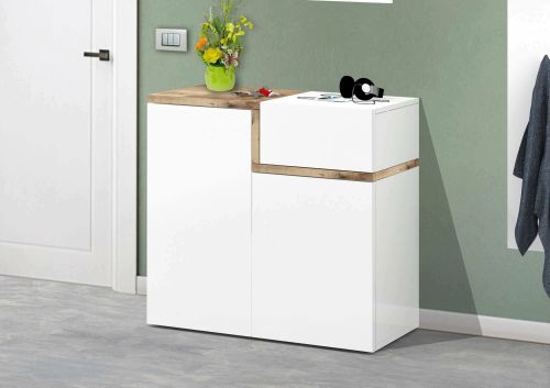 Scarpiera Ryan, Mobile multiuso a 2 ante e 1 anta a ribalta-, Portascarpe da ingresso, 100% Made in Italy, cm 80x40h80, Bianco lucido e Acero