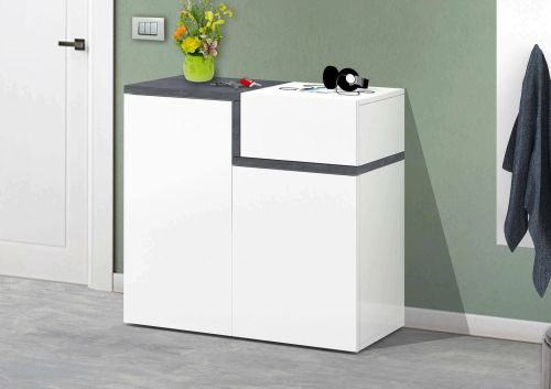 Scarpiera Ryan, Mobile multiuso a 2 ante e 1 anta a ribalta-, Portascarpe da ingresso, 100% Made in Italy, cm 80x40h80, Bianco lucido e Ardesia