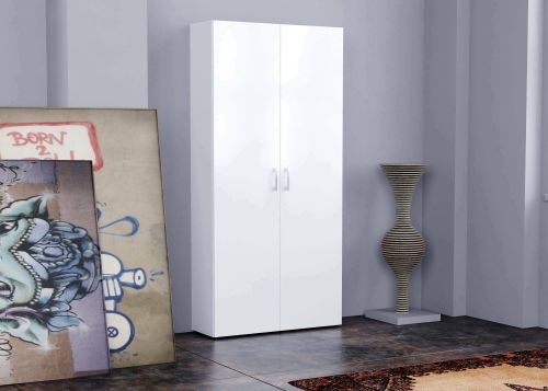 Scarpiera Simone, Mobile multiuso a 2 ante e scaffali interni, Portascarpe da ingresso, 100% Made in Italy, cm 91x33h190, Bianco lucido
