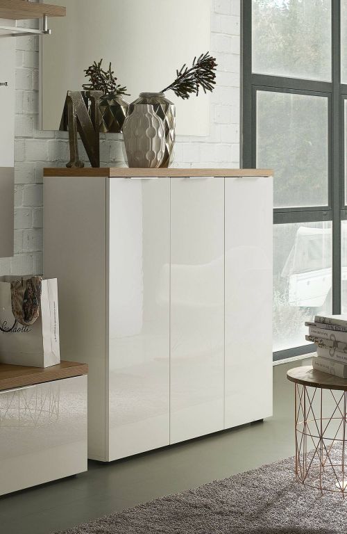 Scarpiera Soweto, Mobile portascarpe, Armadio da ingresso multiuso, Mobiletto per calzature, Made in Italy, 122x34h115 cm, Bianco lucido e Rovere