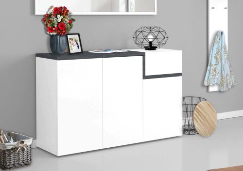 Scarpiera Steve, Mobile multiuso 3 ante e 1 anta a ribalta-, Portascarpe da ingresso, 100% Made in Italy, cm 120x40h80, Bianco lucido e Ardesia