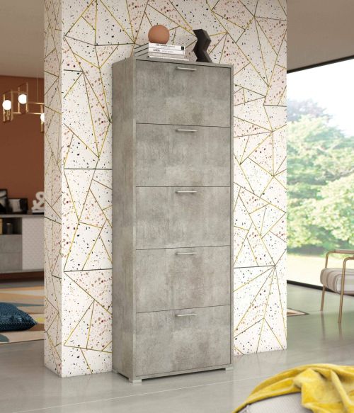 Scarpiera Surfinia, Mobile multiuso da ingresso con 5 ante a ribalta-, Armadietto portascarpe a doppia profondità, 100% Made in Italy, 67x28h183 cm, Cemento