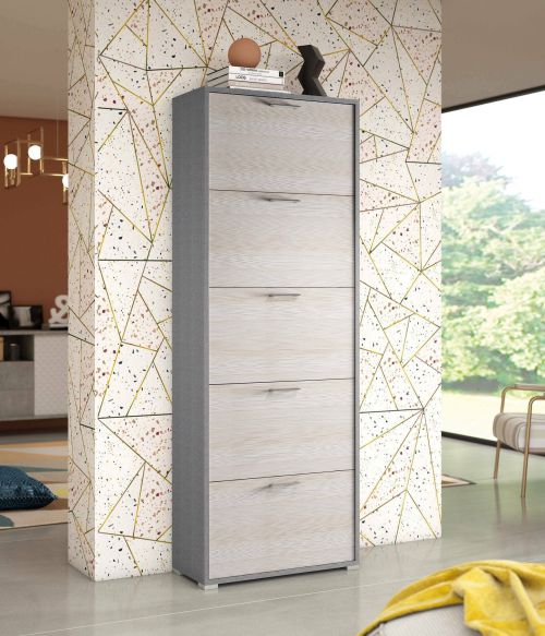 Scarpiera Surfinia, Mobile multiuso da ingresso con 5 ante a ribalta-, Armadietto portascarpe a doppia profondità, 100% Made in Italy, 67x28h183 cm, Larice