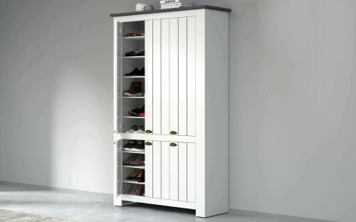 Scarpiera Tazio, Porta scarpe salvaspazio a 6 ante, Armadio multifunzione da ingresso, 114x42h200 cm, Bianco e Ardesia
