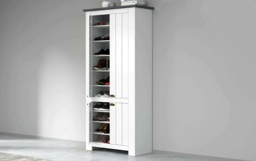 Scarpiera Teodoro, Porta scarpe salvaspazio a 4 ante, Armadio multifunzione da ingresso, 84x42h200 cm, Bianco e Ardesia