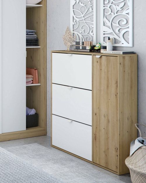 Scarpiera Tok, Scarpiera da ingresso a 4 ante, Armadio portascarpe salvaspazio, 105x24h112 cm, Bianco e Rovere
