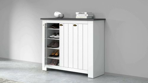 Scarpiera Tolomeo, Porta scarpe salvaspazio a 3 ante, Armadio multifunzione da ingresso, 114x42h100 cm, Bianco e Ardesia