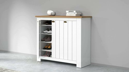 Scarpiera Tolomeo, Porta scarpe salvaspazio a 3 ante, Armadio multifunzione da ingresso, 114x42h100 cm, Bianco e Rovere