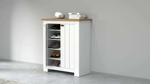 Scarpiera Tonio, Porta scarpe salvaspazio a 2 ante, Armadio multifunzione da ingresso, 84x42h100 cm, Bianco e Rovere