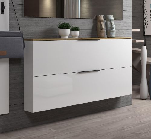 Scarpiera Tubatse, Mobile portascarpe, Armadio da ingresso multiuso, Mobiletto per calzature, Made in Italy, 160x19h80 cm, Bianco lucido e Rovere