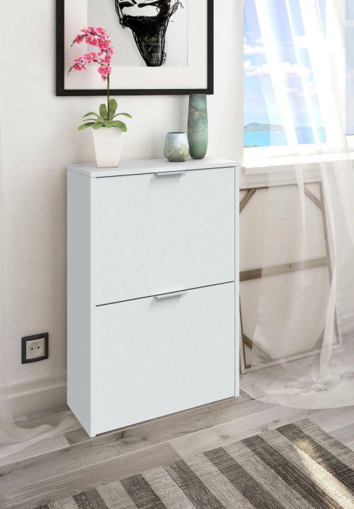 Scarpiera Valdosta, Portascarpe salvaspazio a 2 ante, Scarpiera da ingresso , Armadio scarpiera, 50x22h76 cm, Bianco