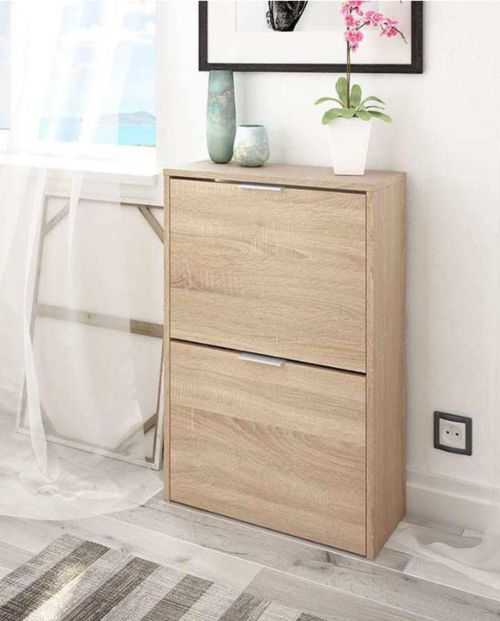 Scarpiera Valdosta, Portascarpe salvaspazio a 2 ante, Scarpiera da ingresso , Armadio scarpiera, 50x22h76 cm, Rovere