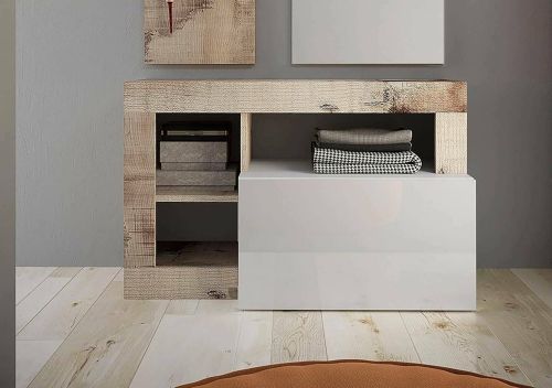 Scarpiera Varano, Mobile portascarpe, Armadio da ingresso multiuso, Mobiletto per calzature, Made in Italy, 91x35 h58 cm, Bianco lucido e Acacia