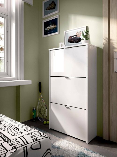 Scarpiera Vignole, Portascarpe salvaspazio da ingresso, Mobiletto porta scarpe a 3 ante a ribalta-, 61x25h113 cm, Bianco lucido