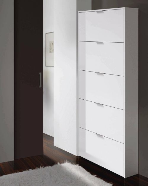 Scarpiera Washington, Armadio portascarpe a 5 ante a ribalta-, Scarpiera alta da ingresso, Scarpiera moderna, 70x17h180 cm, Bianco lucido