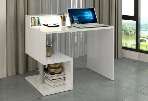 Scrivania Adrien, Scrittoio lineare con ripiani portaoggetti e luci LED, Scrivania ufficio multiuso con sopralzo, 100x50h93 cm, Bianco