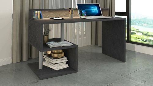 Scrivania Alain, Scrittoio lineare con ripiani portaoggetti e luci LED, Scrivania ufficio multiuso con sopralzo, 140x60h93 cm, Ardesia