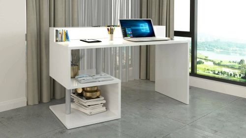 Scrivania Alain, Scrittoio lineare con ripiani portaoggetti e luci LED, Scrivania ufficio multiuso con sopralzo, 140x60h93 cm, Bianco
