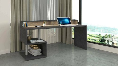 Scrivania Alban, Scrittoio lineare con ripiani portaoggetti e luci LED, Scrivania ufficio multiuso con sopralzo, 180x92,5h60 cm, Ardesia