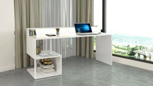 Scrivania Alban, Scrittoio lineare con ripiani portaoggetti e luci LED, Scrivania ufficio multiuso con sopralzo, 180x92,5h60 cm, Bianco