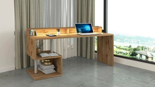 Scrivania Alban, Scrittoio lineare con ripiani portaoggetti e luci LED, Scrivania ufficio multiuso con sopralzo, 180x92,5h60 cm, Rovere