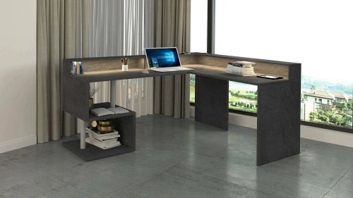 Scrivania Albert, Scrittoio angolare con ripiani portaoggetti e luci LED, Scrivania ufficio multiuso con sopralzo, 180x60h93 cm, Ardesia