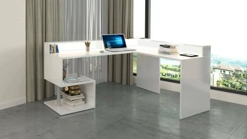 Scrivania Albert, Scrittoio angolare con ripiani portaoggetti e luci LED, Scrivania ufficio multiuso con sopralzo, 180x60h93 cm, Bianco