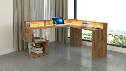 Scrivania Albert, Scrittoio angolare con ripiani portaoggetti e luci LED, Scrivania ufficio multiuso con sopralzo, 180x60h93 cm, Rovere