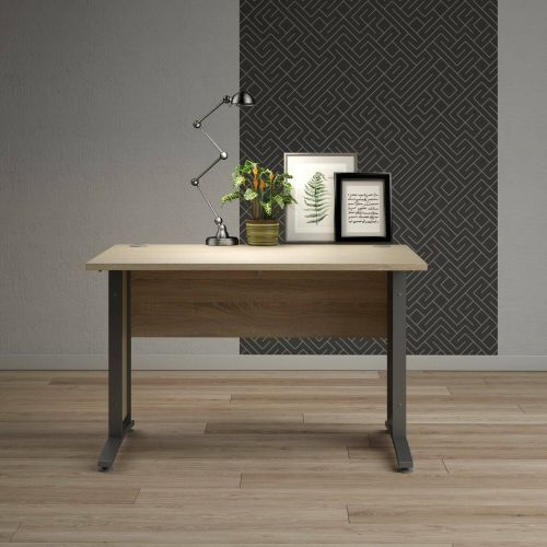 Scrivania Albertine, Scrittoio multiuso, Tavolo per ufficio porta PC, Piano di lavoro, 120x80 h75 cm, Grigio e Quercia