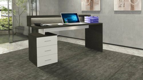 Scrivania Alexandre, Scrittoio con sopralzo e luci LED, Scrivania ufficio multiuso, Scrivania salvaspazio, 160x60h90 cm, Bianco e Ardesia