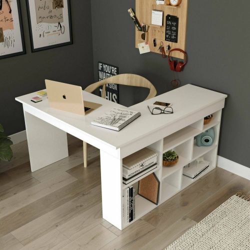 Scrivania Angete, Scrittoio angolare, Tavolo ufficio multiuso, Scrivania salvaspazio multi posizione, 129x120h72 cm, Bianco