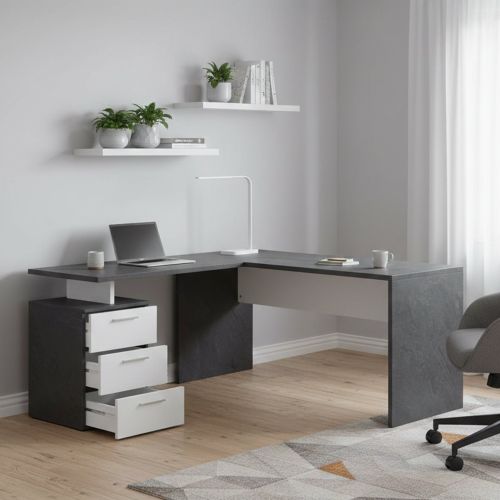 Scrivania angolare ardesia e bianca lucida 180x60cm con 3 cassetti - Ascuby