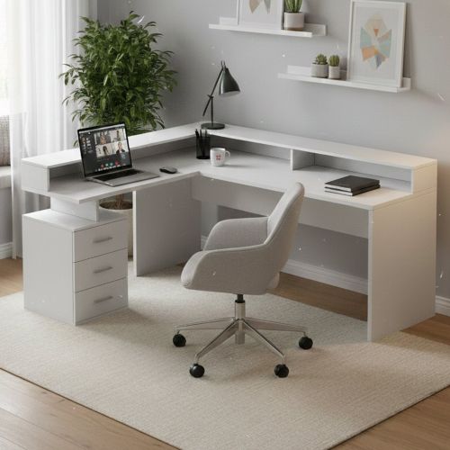 Scrivania angolare bianca 180x90cm con 3 cassetti - Leonilda