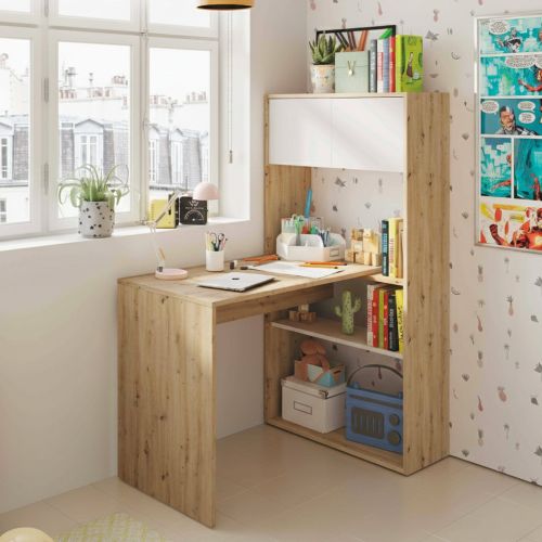 Scrivania angolare bianca e legno 108x140cm con libreria - Apogee