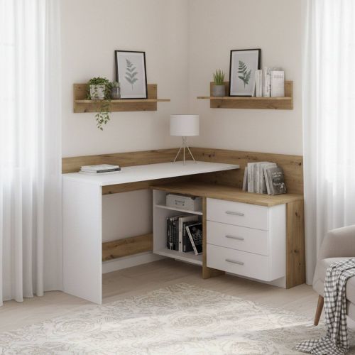 Scrivania angolare bianca e rovere nodi 130x111cm con 3 cassetti - Elsa