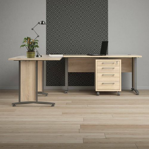 Scrivania angolare grigia e quercia 230x200cm con 4 cassetti - Megh