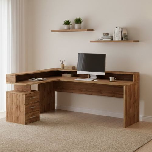 Scrivania angolare rovere 180x90cm con 3 cassetti - Leonilda