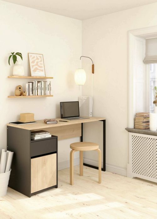Scrivania Antoinett, Scrittoio multiuso, Tavolo per ufficio porta PC, Piano di lavoro, 48x130 h77 cm, Rovere e Nero