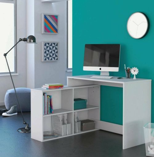 Scrivania Arros, Scrittoio multiuso, Tavolo per ufficio porta PC, Piano di lavoro, 112x101 h77 cm, Bianco opaco