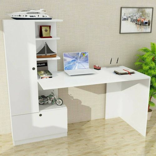Scrivania Astra, Scrittoio angolare, Tavolo ufficio multiuso, Scrivania salvaspazio multi posizione, 150x62h140 cm, Bianco