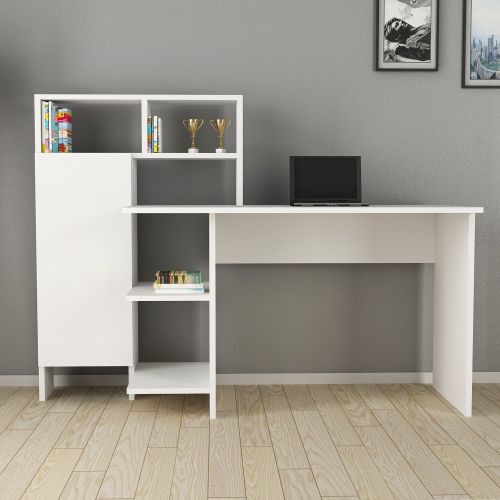 Scrivania Bianco 6 Ripiani Un'anta 136x60x112h cm, 7 Vani - Cremella