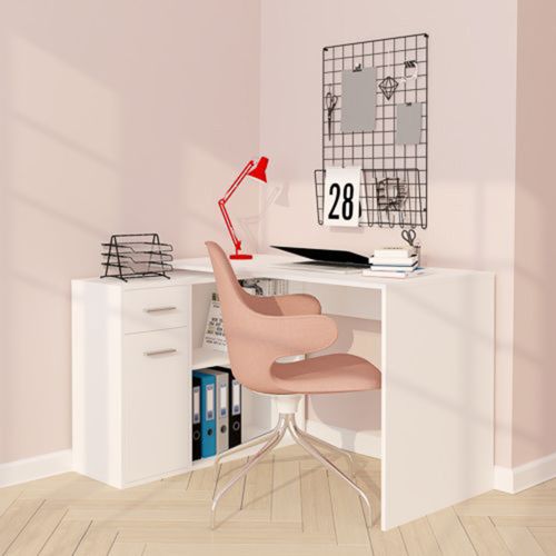 Scrivania Bianco Angolare un Cassetto 120x92x74h cm, 2 Ripiani - Linaza